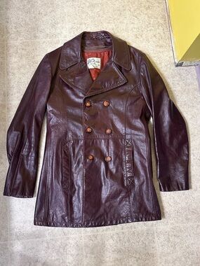 Vintage Double-Breasted Leather Coat - Burgundy Victoria